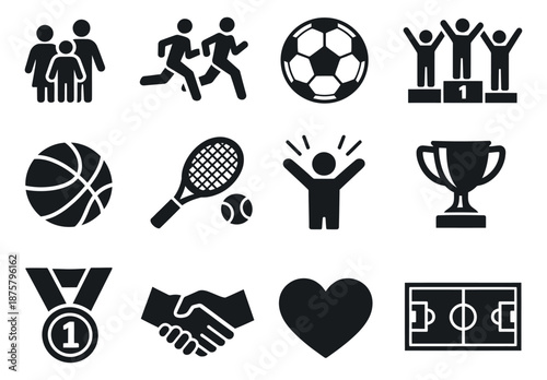 Modern silhouette sports and activity icon set featuring family, runners, sports equipment, awards, and social symbols for athletic activity and achievements