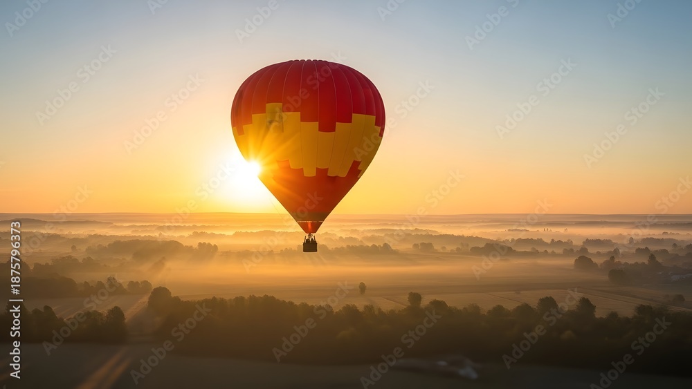 Obraz premium Vibrant hot air balloon soaring above foggy landscape at sunrise