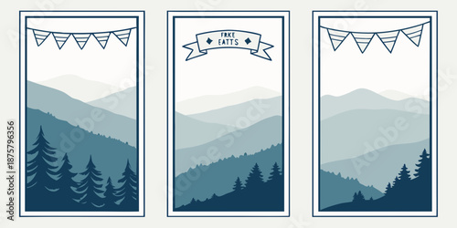 Stylized Mountain Panels with Pennant Banners – Layered Blue Ridges and Pine Trees in Minimalist Nature Art