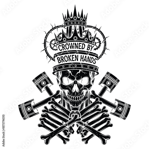 Black skull with crown and crossed pistons and bones emblem vector