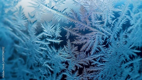Close-up of intricate frost patterns on a glass surface, showcasing delicate ice crystals with a blue background
