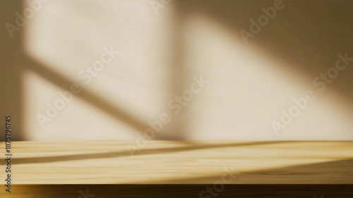 Minimalist wooden table with soft shadows, Minimalist wooden table with soft shadows cast on a plain wall, creating a serene and calm atmosphere