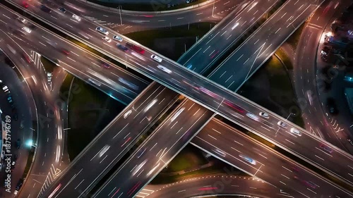 Aerial view of a busy highway interchange at night