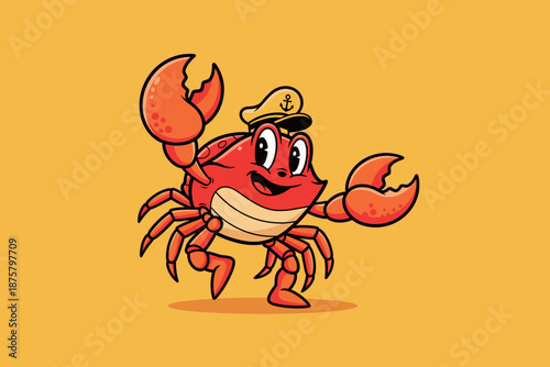 Cute cartoon crab captain with big claws and hat.