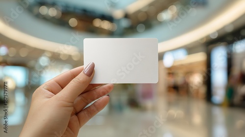 A hand holding a blank card in a mall. The card is white and has no writing on it
