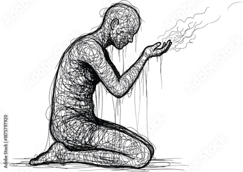 Black ink sketch of kneeling figure body formed by tangled scribbles releasing wisps from hands