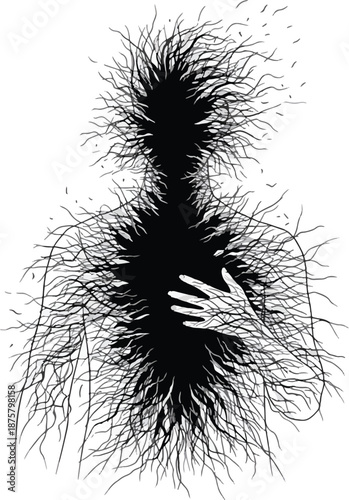 Black silhouette of a person dissolving into dark tangled branches and tendrils