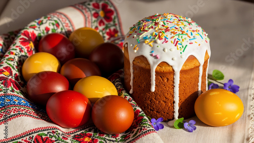 Traditional Easter cake Kulich with white icing and sprinkles. Dyed eggs on embroidered cloth with spring flowers. Orthodox holiday food