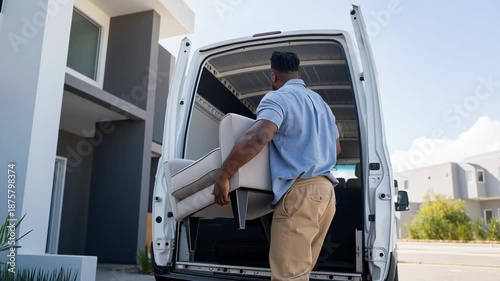 A Black man loads an armchair into a moving van. Professional mover carrying furniture for a home relocation. Moving day and new home concept