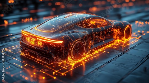 Cutaway view of a modern electric car glowing nodes highlight