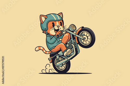 Cute cartoon cat performing a wheelie on a motorcycle.