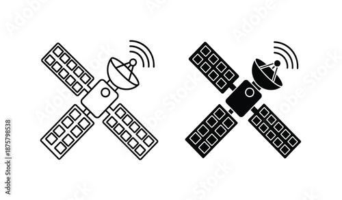 Two satellites in black and white with solar panels and antennae emitting signals in space