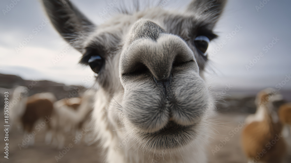 Fototapeta premium Close-up of a white llama with long ears in a desert setting