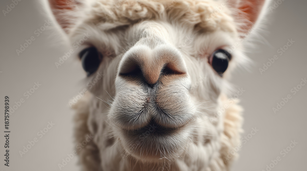 Fototapeta premium Close-up of a fluffy white llama with closed eyes