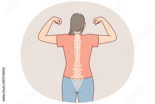 Woman with good posture and straight spine shows biceps, standing with back to camera