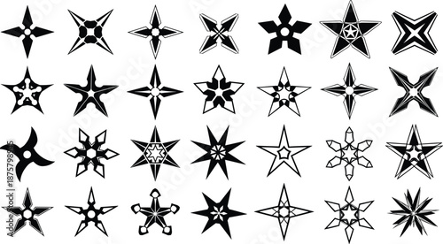 Mega Collection of Black Star Silhouettes and Ninja Shuriken Icons with Various Geometric Shapes and Throwing Stars Isolated on White Background for Graphic Design Elements