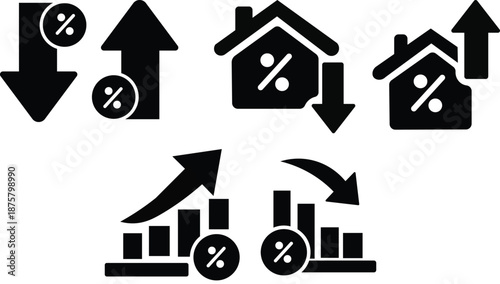 mortgage interest rate fluctuation icons with percentage symbols and directional arrows for financial applications