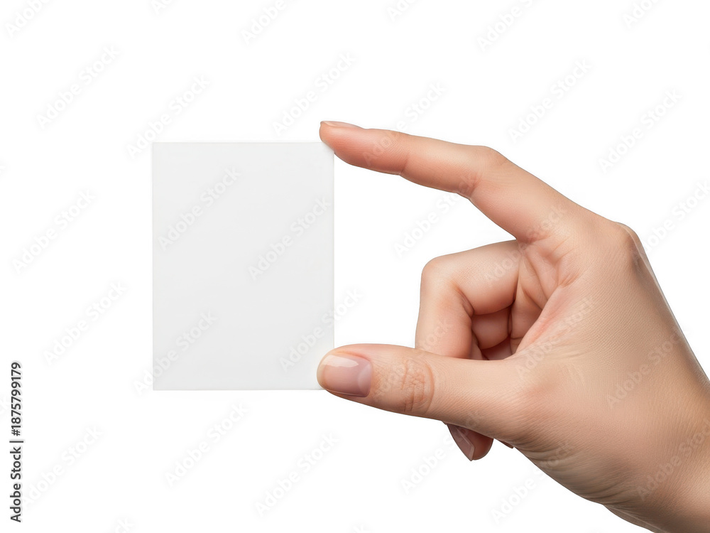 Obraz premium Hand holding blank note card isolated on transparent background