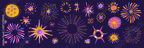 Celebration background with crayon fireworks doodle confetti sparks and stars.