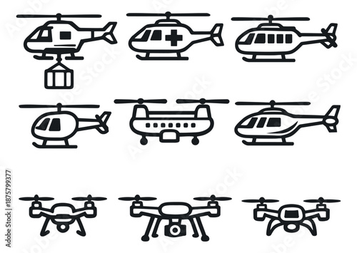 Line art transport set featuring various helicopters and drones for aerial services