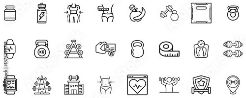 Collection of thin representing fitness health and gym equipment workout exercise