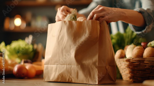 Person adding fresh vegetables to a paper grocery bag