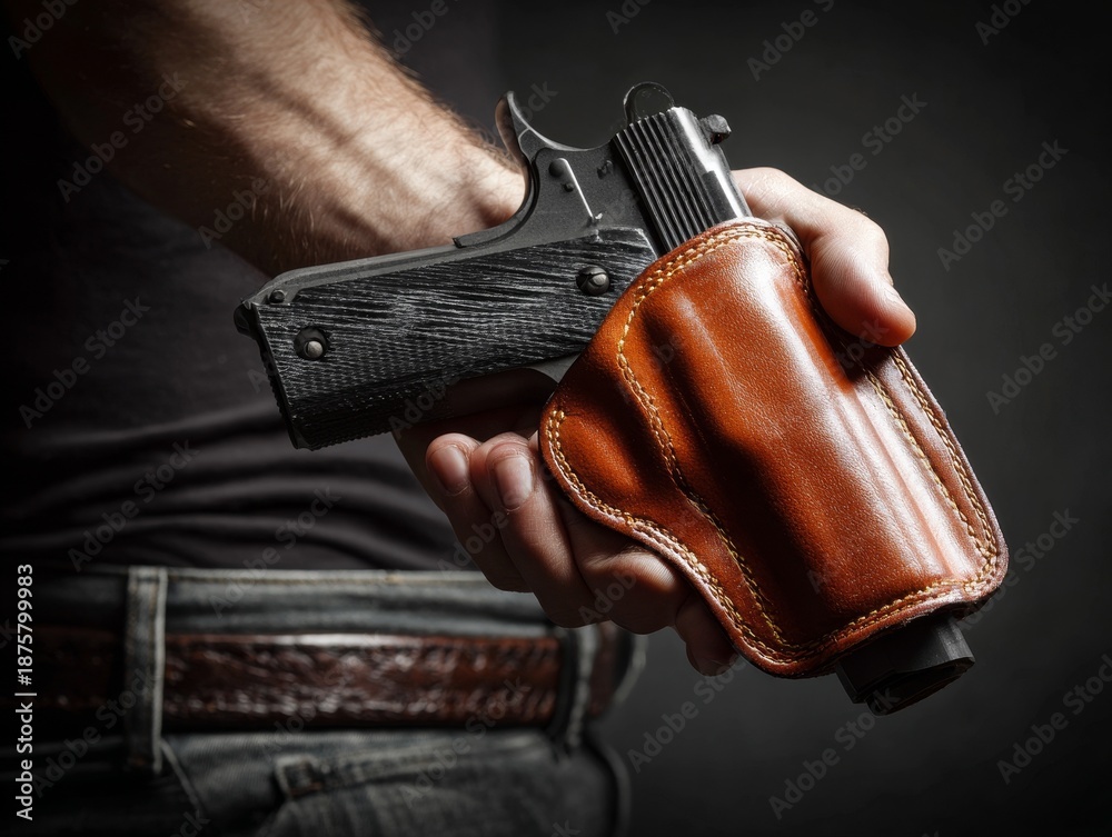 Obraz premium Man pointing handgun at viewer, danger concept