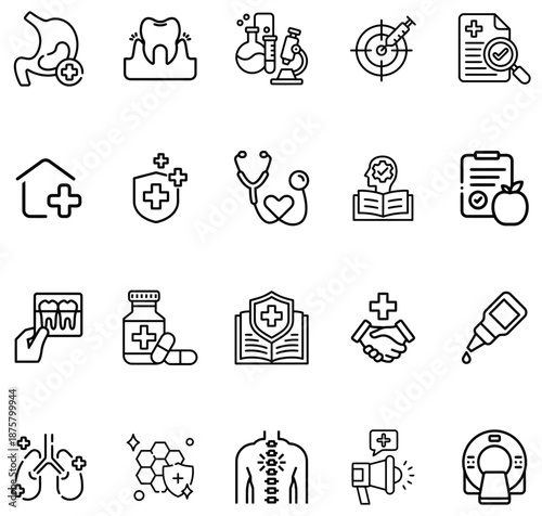 Medical and healthcare including stomach lungs tooth stethoscope and science equipment hospital