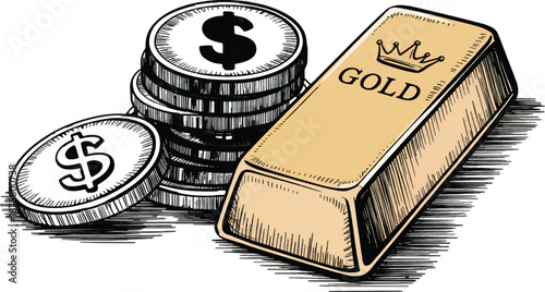 Gold Bar and Coins in Hand-Drawn Illustration with Black and Gold Colors on White Background for Finance