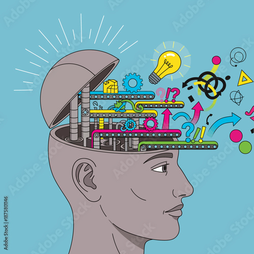 A person's head opens to reveal a colorful, complex machinery and symbols inside, representing creativity and thought process