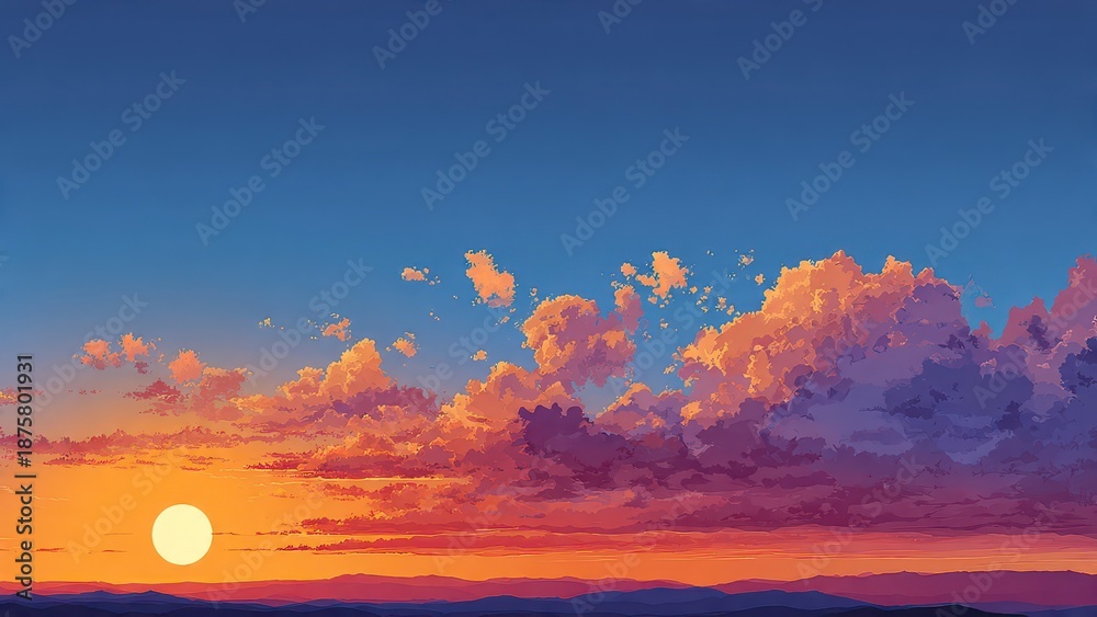 Fototapeta premium Vibrant Twilight Sky Anime Style Digital Painting Dramatic Sunset Clouds and Sun Over Layered Mountains Horizon Background