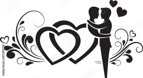 Couple Embracing with Hearts and Swirls Silhouette Design
