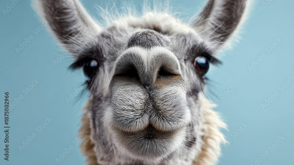 Obraz premium Close-Up of Llama with Expressive Eyes Against Blue Sky