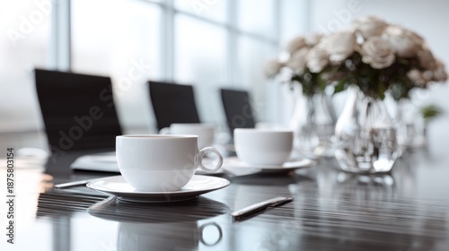 Stylish business conference room with refreshments and laptop computers
