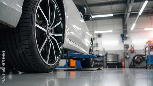 Close up of a car on a hydraulic lift in a professional auto repair shop