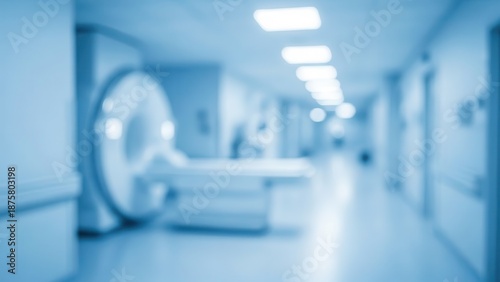 Blurred image of a modern hospital corridor with magnetic resonance imaging (MRI) scanner machine