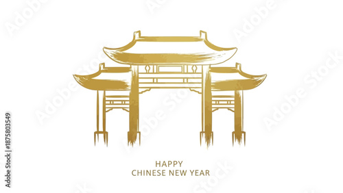 Golden Chinese gate with Happy Chinese New Year text