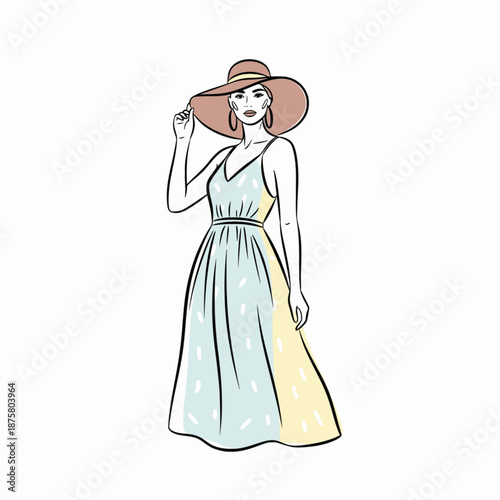 Elegant bride in flowing dress holding bouquet illustration