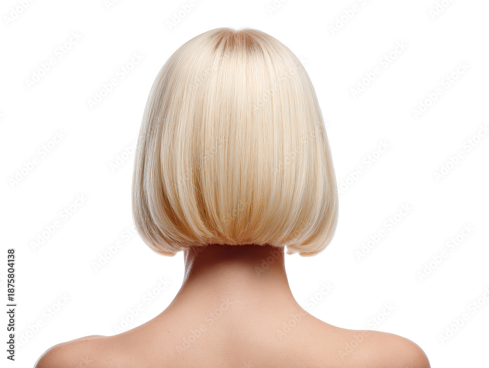 Naklejka premium Back of a woman’s head with a short blonde bob hairstyle, smooth straight hair texture, clean neckline silhouette, and neatly trimmed ends isolated on transparent background. 