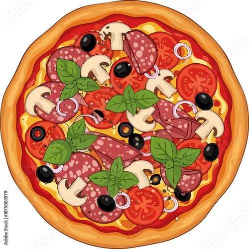 Delicious freshly baked Italian pizza topped generously with pepperoni mushrooms olives and basil on white background
