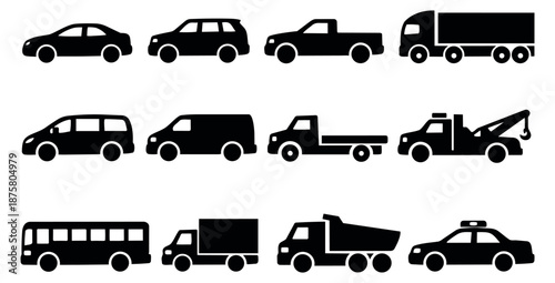 Simple silhouette transportation set featuring various land vehicles for urban navigation and logistics