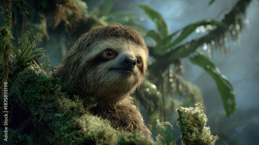 Obraz premium Sloth peeking out from lush green foliage