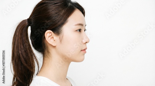 Side profile view of young Asian woman face with ponytail hairstyle looking forward on white background