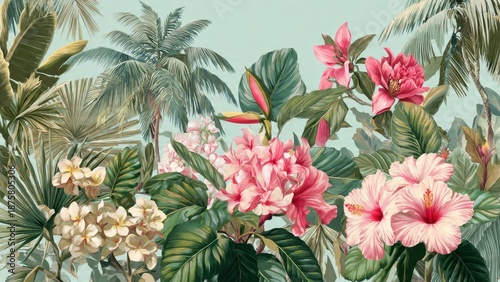 Exotic Tropical Jungle Illustration. Lush botanical wallpaper with pink Hibiscus, Plumeria, Rhododendron-like flowers, and vibrant green palm leaves against a soft aqua background.