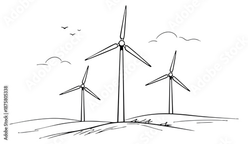 Hand drawn line art illustration of wind turbines depicting clean energy generation for environmental concepts
