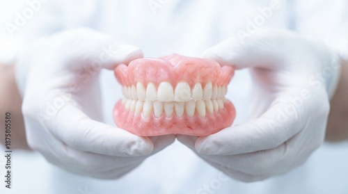 Dentist hands in white gloves holding full set of acrylic dentures isolated on white background