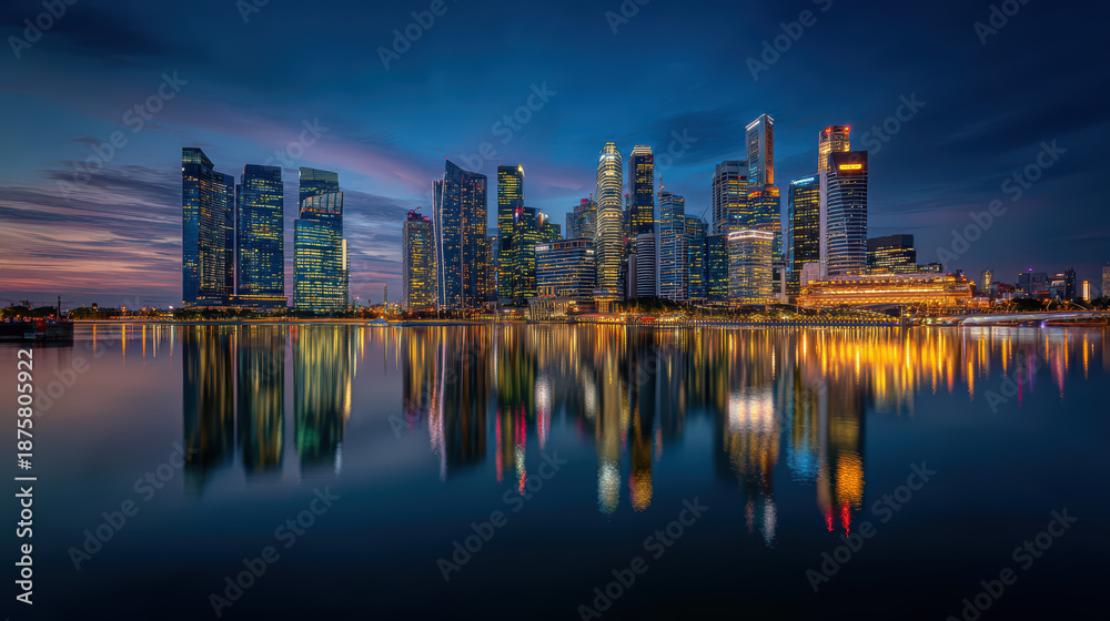 Fototapeta premium Modern Skyscrapers Reflected in Calm Water at Dusk