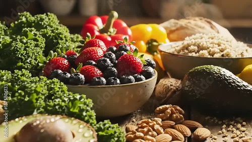 Wallpaper Mural Fresh produce assortment with bread and nuts on wooden surface Torontodigital.ca