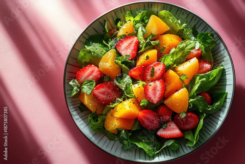 Fresh strawberries in a bowl, alongside a vibrant strawberry salad.