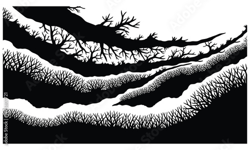 Black and white silhouette of bare tree branches and grass layers nature landscape